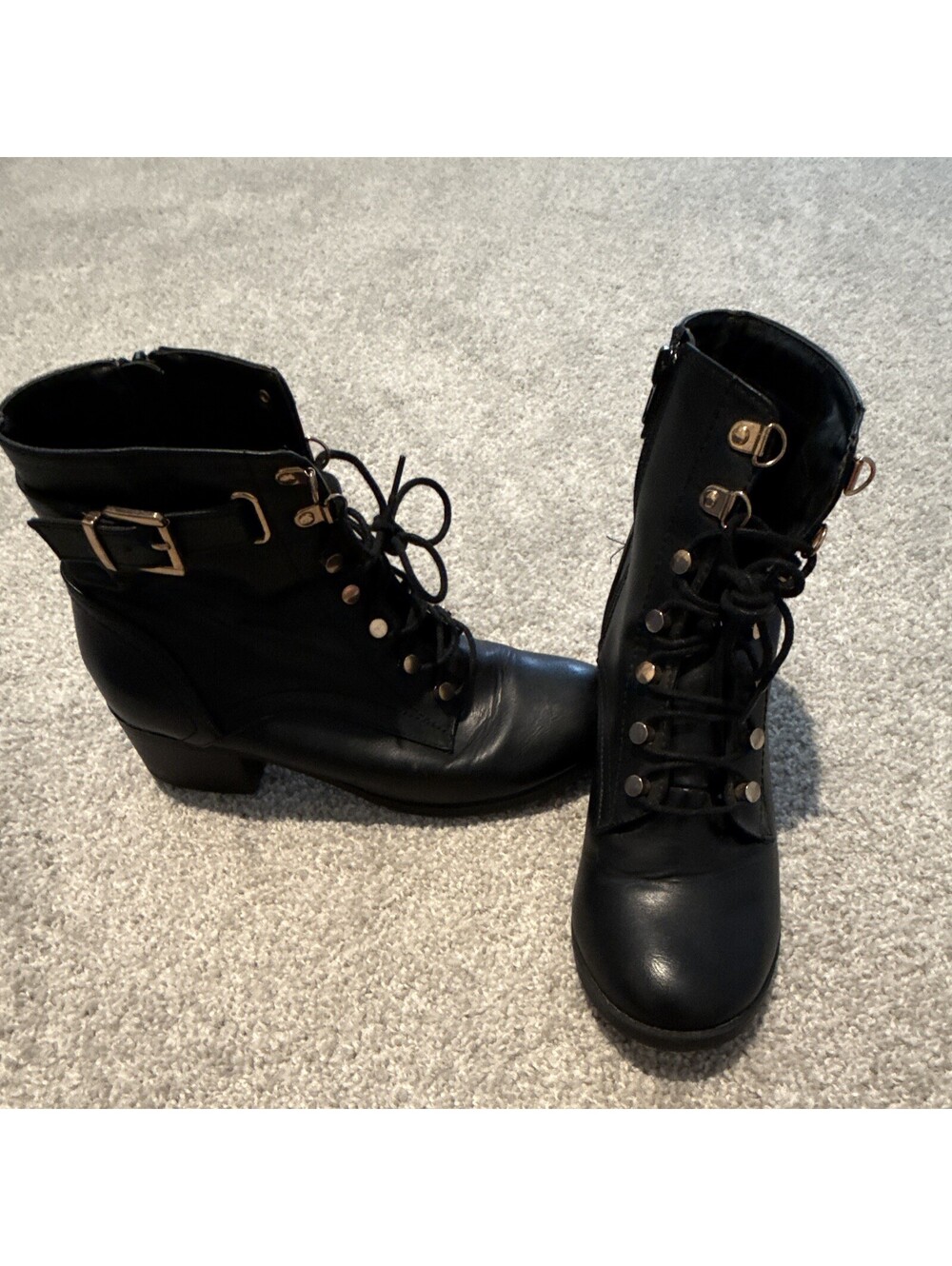 Charlotte Russe Women’s Black Combat Ankle Boots Lace-Up Zip Buckle Sz 9